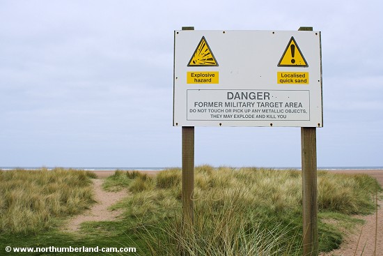 Warning sign at Goswick Sands.